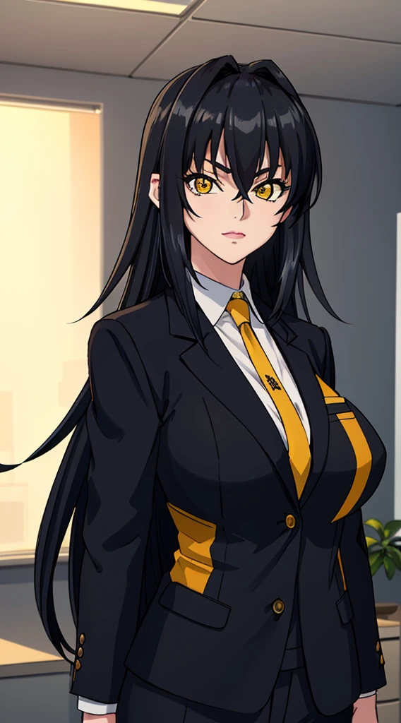 professional artwork, Intricate Details, field of view, sharp focus, detailed painting, photorealistic lighting, trending on pixiv,(masterpiece:1.0),(best_quality:1.0), ultra high res, ultra-detailed, photography, 8K, HDR, highres, absurdres:1.2, Kodak portra 400, film grain, sharp focus, bokeh:1.2, lens flare, (vibrant_color:1.2), (((indoors, dark night district))), Annerose, 1girl, female mature, ((long hair, black hair:1.4)), (yellow eyes), large breasts, ((formal clothes, office suit:1.4)), soft skin, hair intakes, (solo:1.4), (upper body, half body shot, caring), confident, energetic,Big breasts and sexy clothes