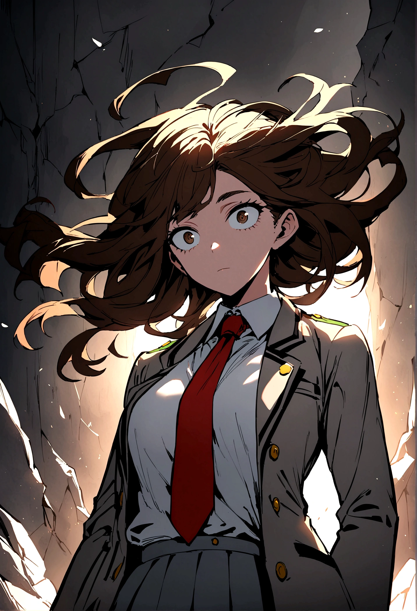 My hero academia style girl with medium long brown broken hair,medium large eyes, with a flirtatious and challenging look, Brown eyes , UA uniform gray jacket with green details, white shirt red tie and gray skirt with green details, view from front