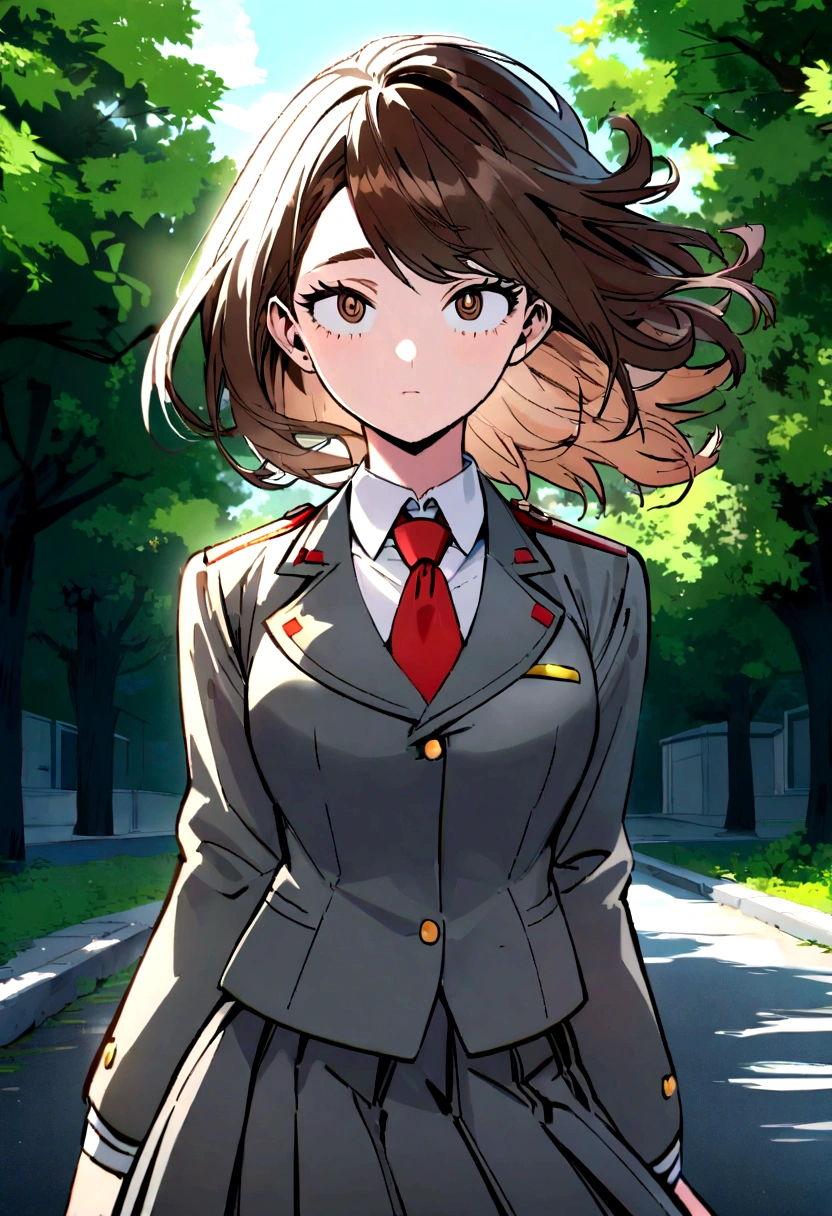 My hero academia style girl with medium long brown broken hair,medium large eyes, with a flirtatious and challenging look, Brown eyes , UA uniform gray jacket with green details, white shirt red tie and gray skirt with green details, view from front