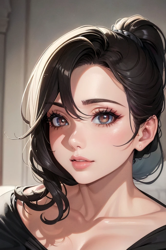 (best quality,highres,masterpiece:1.2), detailed eyes, beautiful lips, realistic facial features, intense gaze, long and voluminous eyelashes, flawless skin, adult face with mature features, elegant ponytail hairstyle, medium-sized breasts, alluring cleavage, confident pose, soft and natural lighting, realistic textures, vibrant colors,full