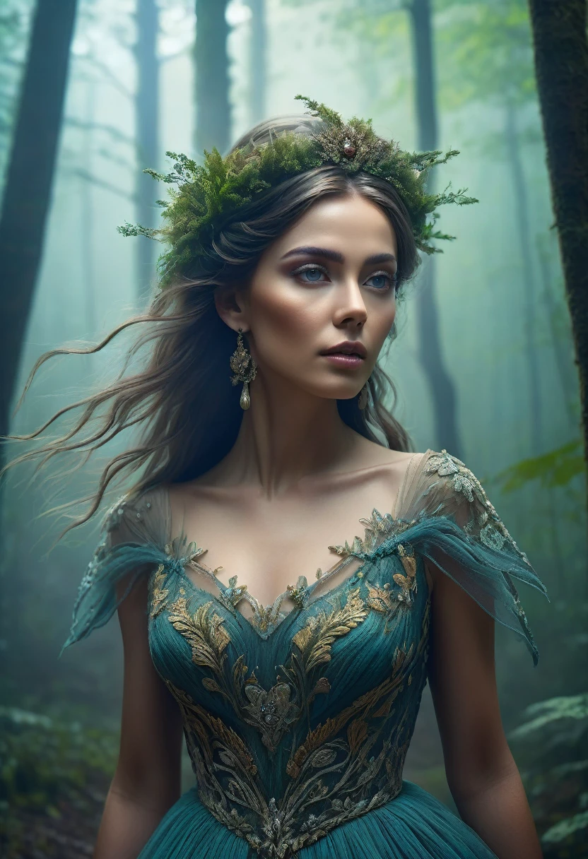 a woman walking in a forest, long detailed dress, beautiful detailed eyes, detailed facial features, intricate hair ornaments, dramatic lighting, volumetric fog, moody atmosphere, cinematic composition, vibrant colors, fantasy, concept art, highly detailed, masterpiece, 8k, photorealistic
