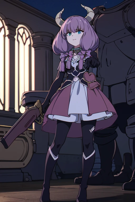 ((Best quality))),((Ultra-detailed)),((illustration)),((Disheveled hair)),((frilld)),(1 girl),(Solo), 1girl,***,handgun,hat,holding,holding_***,looking_at_viewer,solo,weapon,rating:safe,adjusting_clothes,adjusting_hat,adjusting_headwear,black_footwear,black_gloves,black_hat,black_headwear,black_legwear,black_pantyhose,blue_bow,boots,bow,clothing,dress,female,female_only,footwear,frills,gloves,headwear,holding_weapon,knee_boots,legwear,long_hair,makaria,pantyhose,pistol,pointing,pointing_at_viewer,pouch,olo,standing, pink hair,grey hair,Horns,
