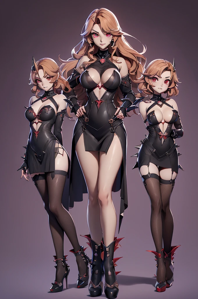 castlevania scarlet, (castlevania scarlet), tenebrosa, 独奏, ray tracing, 3D style, 3DMM, ((3 poses per photo)), ((3 poses in each photo)), fully body,(Front view),(back vision), (view on the left), black tights, Tear at the waist,(((3 poses per photo))),((symetry)) ,((ultra realistic skin)),(minimalist details),((large open dress with v-cuts)),(((dress with spikes))),(((slits between the legs))),(((well-defined groin))),(drawn curve),(((necklines))),(((thick and beautiful legs))),(((big tits))),(((wonderful survas))),gorgeous body,(no thorns)