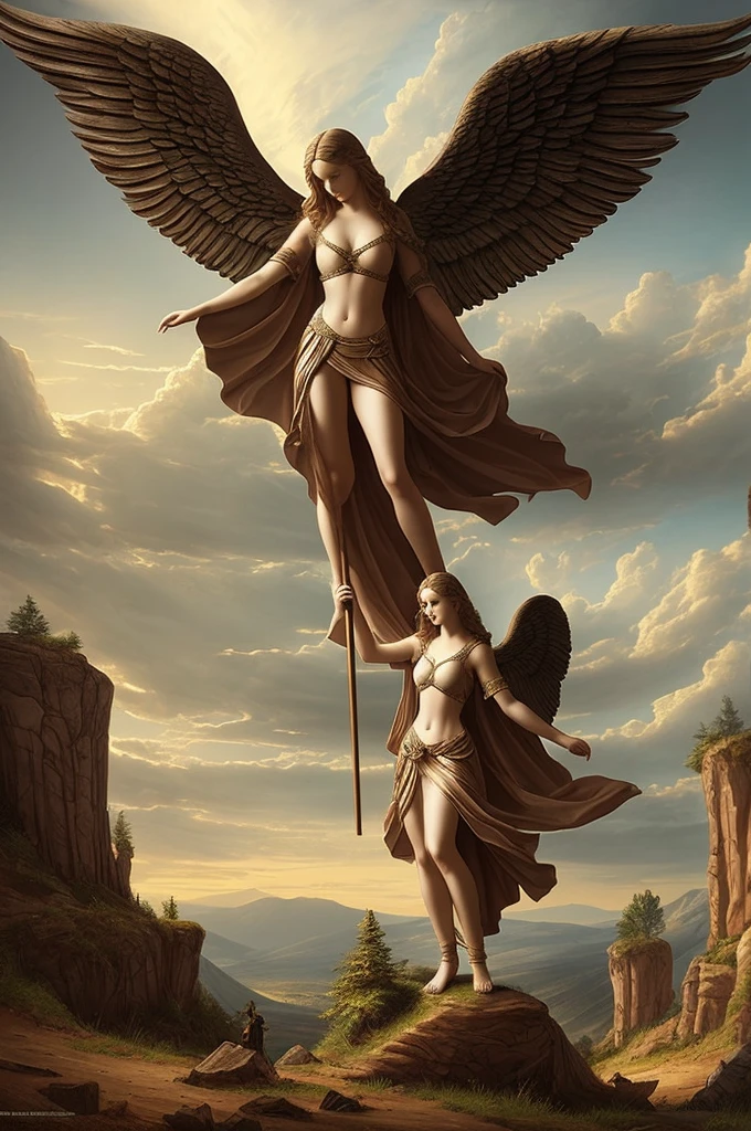 Recreate the image of a fallen angel with damaged wings in a medieval fantasy setting, using the Renaissance style. Center the angel in detailed Renaissance costumes and use the chiaroscuro technique for dramatic contrast. Add a smaller human figure watching the angel, and compose the desolate landscape with twisted trees and rocks. Use an earthy, natural color palette, maintaining a mystical and solemn atmosphere.