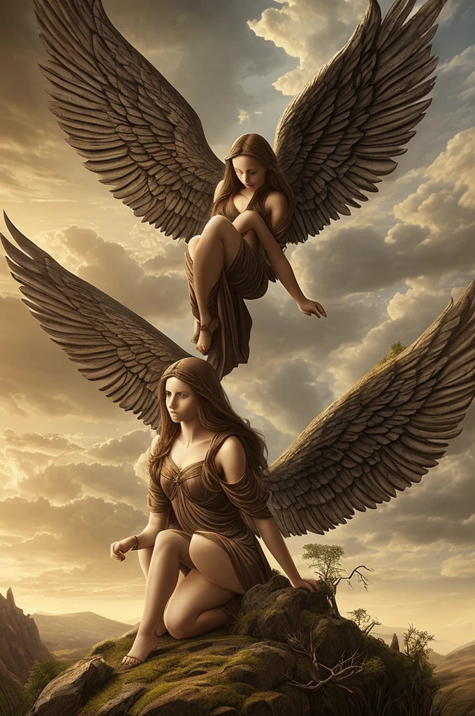 Recreate the image of a fallen angel with damaged wings in a medieval fantasy setting, using the Renaissance style. Center the angel in detailed Renaissance costumes and use the chiaroscuro technique for dramatic contrast. Add a smaller human figure watching the angel, and compose the desolate landscape with twisted trees and rocks. Use an earthy, natural color palette, maintaining a mystical and solemn atmosphere.