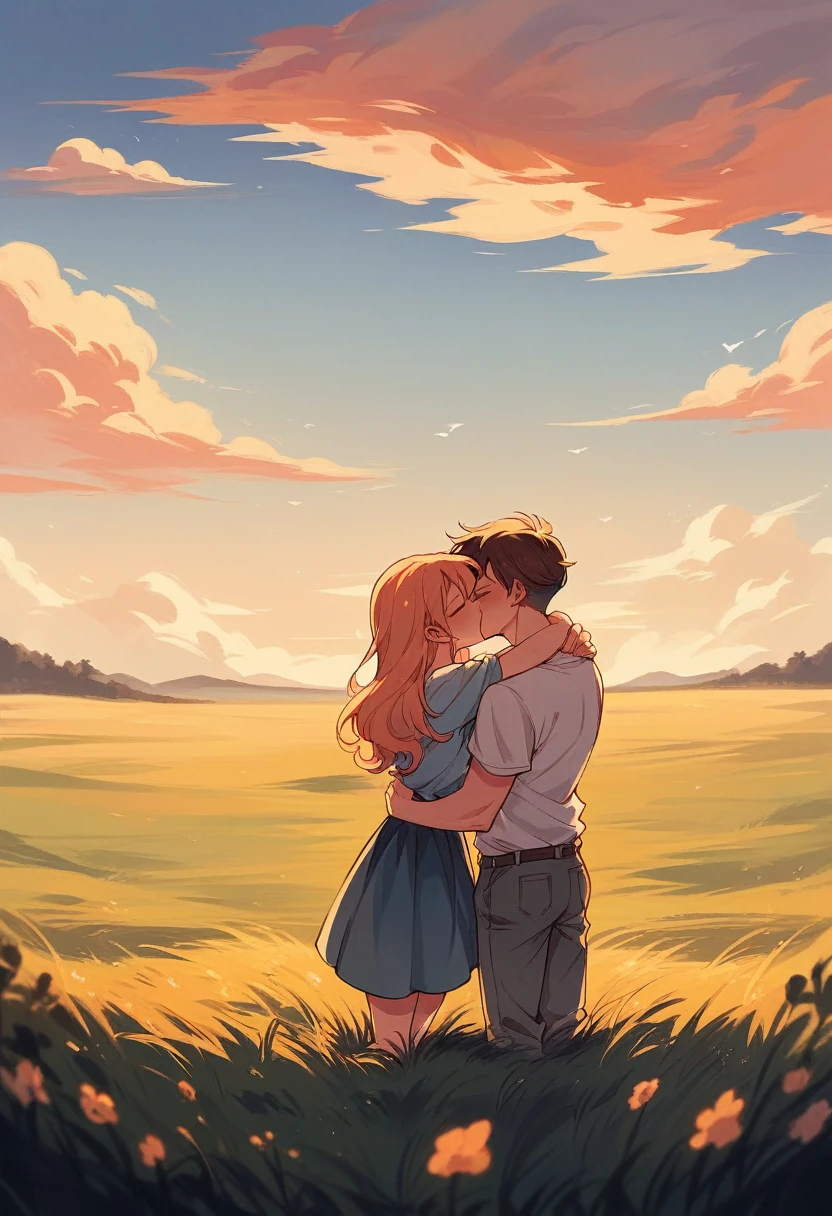 Photograph of a couple kissing, a man holding a woman in his arms in a romantic moment, open field scenery at sunset, 8k, super detailed, super defined, maximum quality 