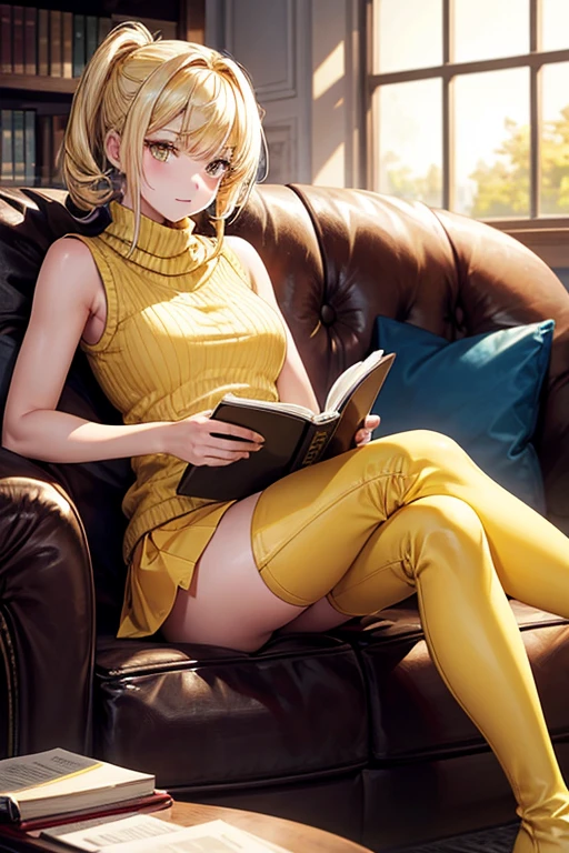 A blonde girl with yellow eyes, with a yellow sleeveless sweater, in a yellow miniskirt and yellow boots sitting on a sofa reading a book.