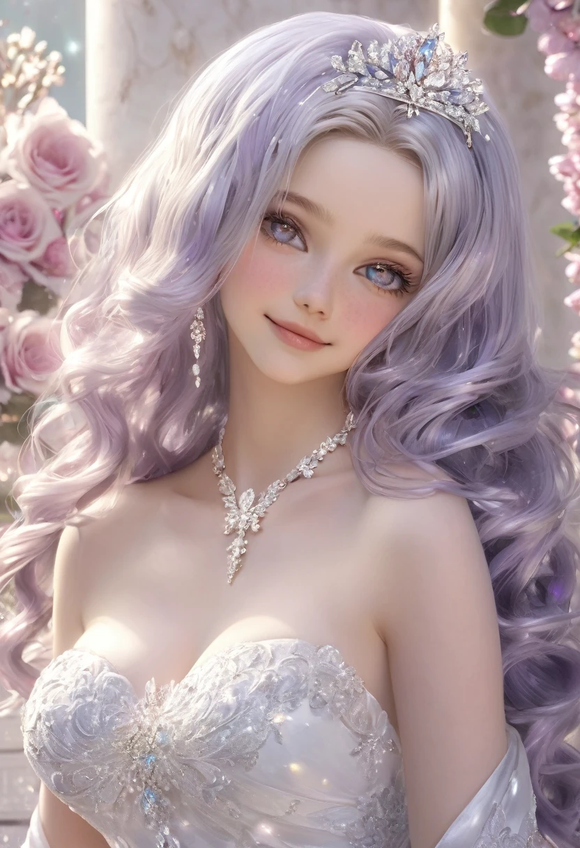 (Wedding Photography:1.1, In the white garden:1.5), masterpiece, Highest quality, (Highly Detailed CG Unity 8K Wallpaper), (Highest quality), High resolution RAW color art, animation,Lilia, (Pink marble skin), (((Highly detailed elegant))), Magical atmosphere, Detailed skin, texture,(Exquisitely crafted, The finer details, Ultra-detailed art), Depth of written boundary, Bokeh, Silky Touch, Hyper Detail, Beautiful Eyes, Elegant face, (Lying on the marble floor), Sparkly Background, Huge breasts:1.3, Magic Costume, (Silver Hair), Pastel Purple:1.1, Embarrassed smile, wide open udder, lavender