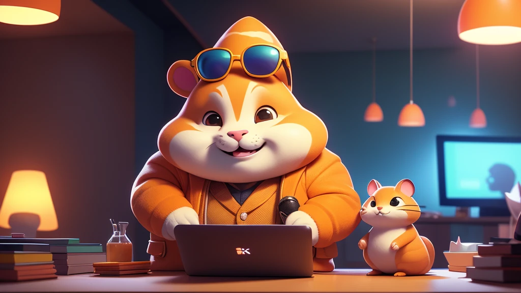 a close up of a tall orange and white hamster, looking like a model , cute face with fat cheeks, dressed in a suit and sunglasses, furry art, looking heckin cool and stylish, , big chungus boss, neon dark room background, sitting at a table with a laptop and a microphone, unsplash, realism, , in a streamer studio room, neon ambiance , looking to camera, portrait shot 8 k, photo portrait, looking towards the camera , ultra detail, high resolution, ultra detailed, best quality, amazing, top quality, extremely detailed CG unity 8k wallpaper, cinematic lighting.