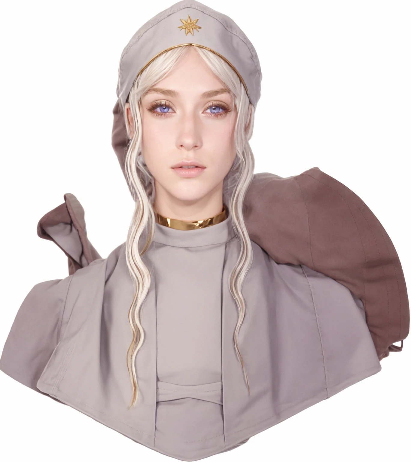 Girl, silver-gold hair, purple eyes, European, septa cap