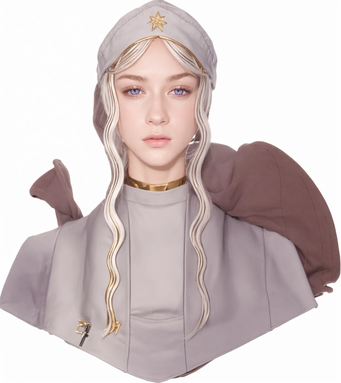 Girl, silver-gold hair, purple eyes, European, septa cap
