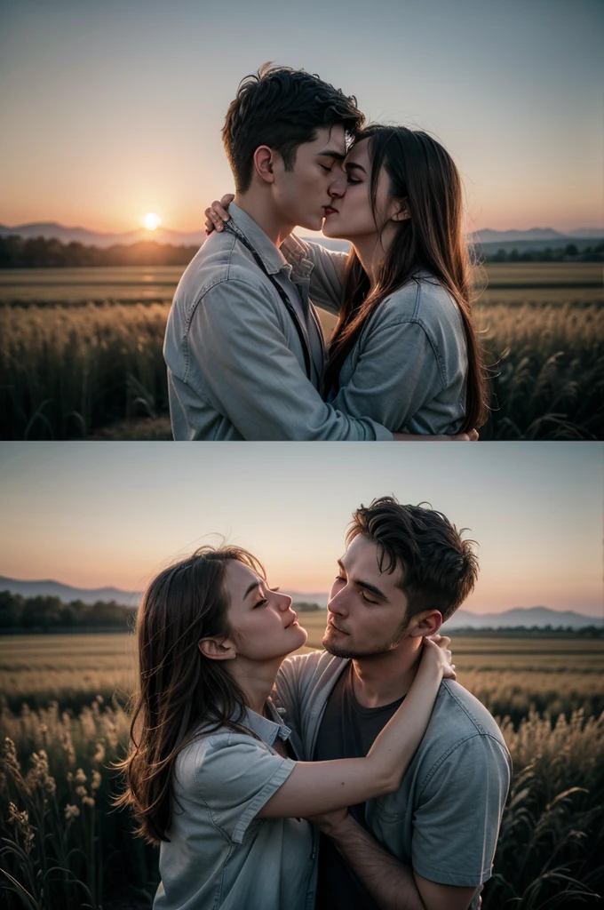 Photograph of a couple kissing, a man holding a woman in his arms in a romantic moment, open field scenery at sunset, 8k, super detailed, super defined, maximum quality