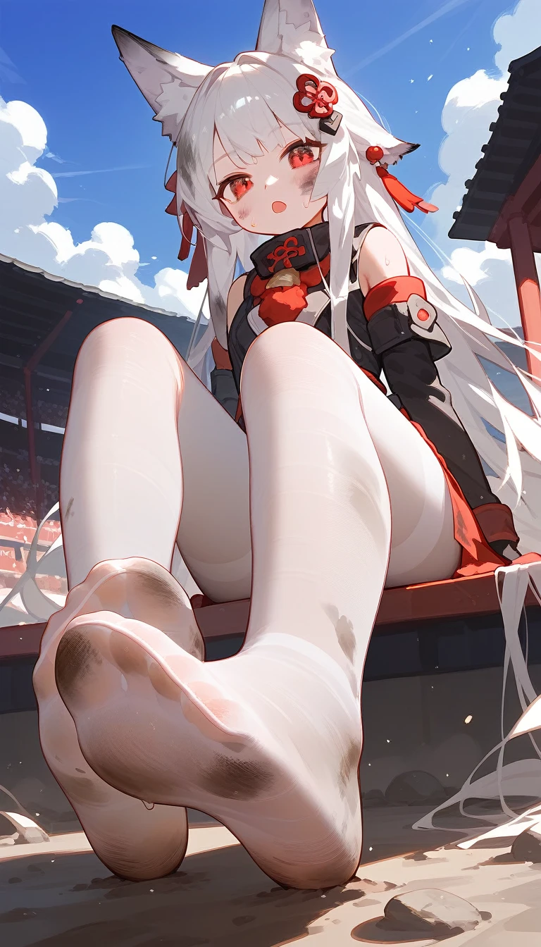 1 Girl,dirty,foot,foot底,Red Eyes,booobs,Solitary,Long hair,White hair,foot趾,foot部焦点,Looking at the audience,sit,Sweat,Open your mouth,dirty foot,outdoor,Sky,Bangs,whitepantyhose,Fox ears,There's mud on the body,Sailor Suit