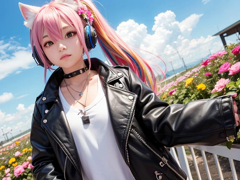 Flowers、Rainbow Hair、Headphones、Cat ear、Seven-colored hair、leather jacket，Flowers and sky background、Young Face、Huge 、ponytail、Round 1、necklace、jewelry、Tank top、whole body、Between the legs