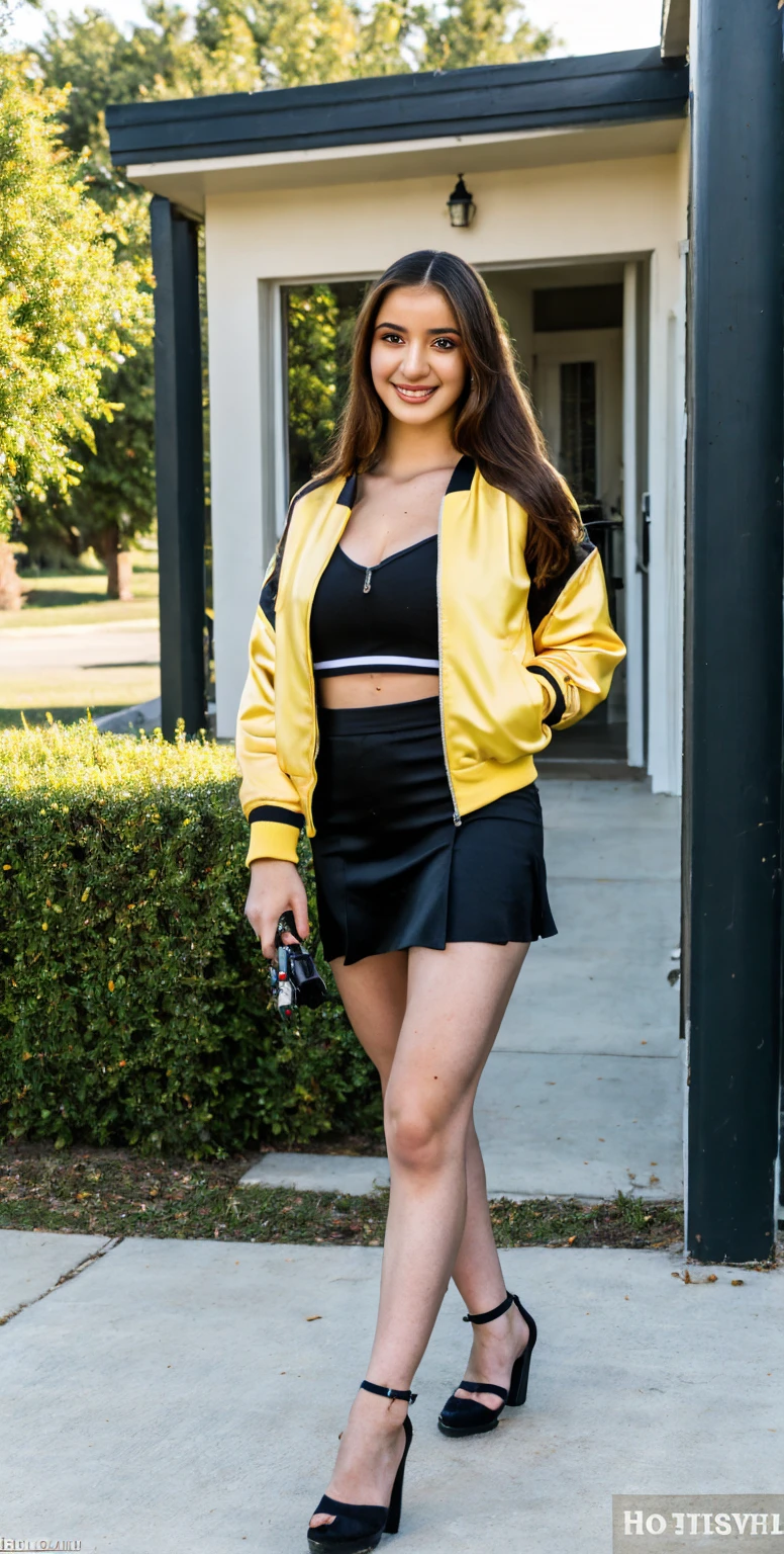 photo realistic , three 21 year old egyptian women, full body in frame, smirking, full body image, two tone yellow and black satin bomber jackets fully zipped, , satin cheerleader skirts, with pistols guns on holster, walking up to a front porch in a rural neighborhood,, long hair, evening lighting.