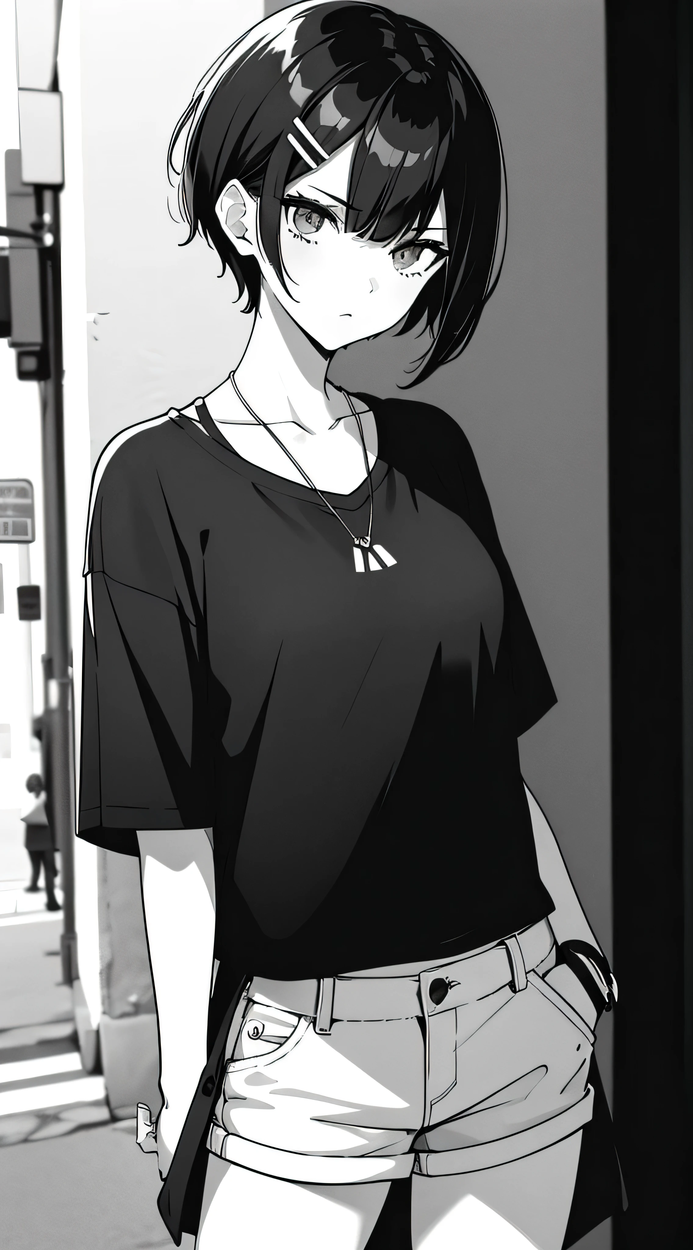 girl, Landscape Portrait, Black and White, Messy short hair, Edgy accessories,Sporty style, Casual T-shirt, A confident gaze, Monochrome color scheme, Look to the side, Chic street fashion, Casual pose with hands in pockets,head,((people)),hairpin