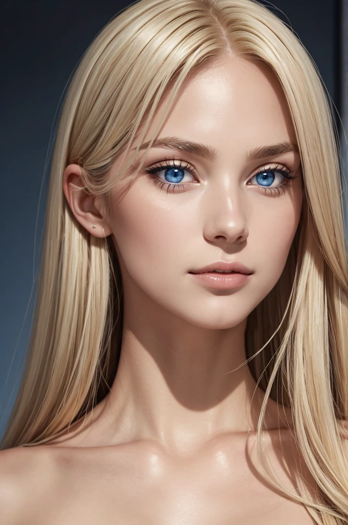 "A portrait of a German woman with fair skin and almond-shaped blue eyes. She has straight blonde hair that falls to her shoulders and high cheekbones. Her nose is straight and well-defined, and she has thin, naturally pink lips. Her face is oval-shaped, and she has expressive eyebrows with a natural arch. The background is simple and neutral to emphasize her facial features."

