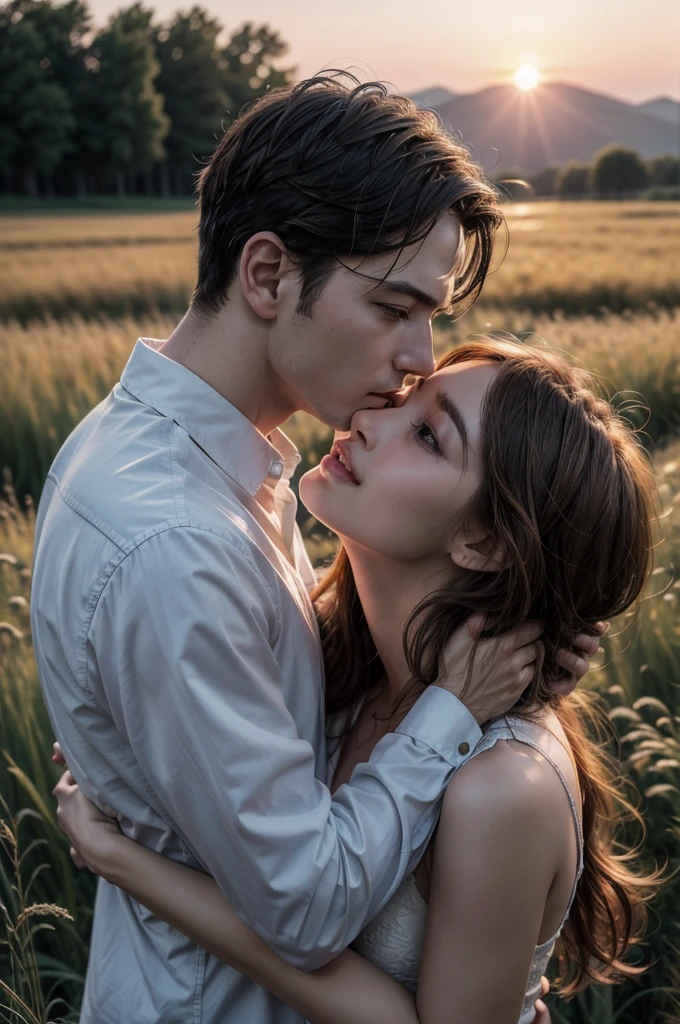 Photograph of a couple kissing, a man holding a woman in his arms in a romantic moment, open field scenery at sunset, romantic moment, 8k, super detailed, super defined, maximum quality