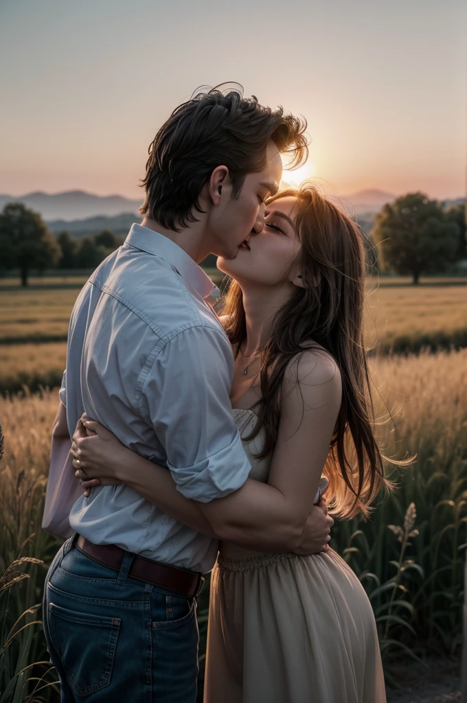 Photograph of a couple kissing, a man holding a woman in his arms in a romantic moment, open field scenery at sunset, romantic moment, 8k, super detailed, super defined, maximum quality
