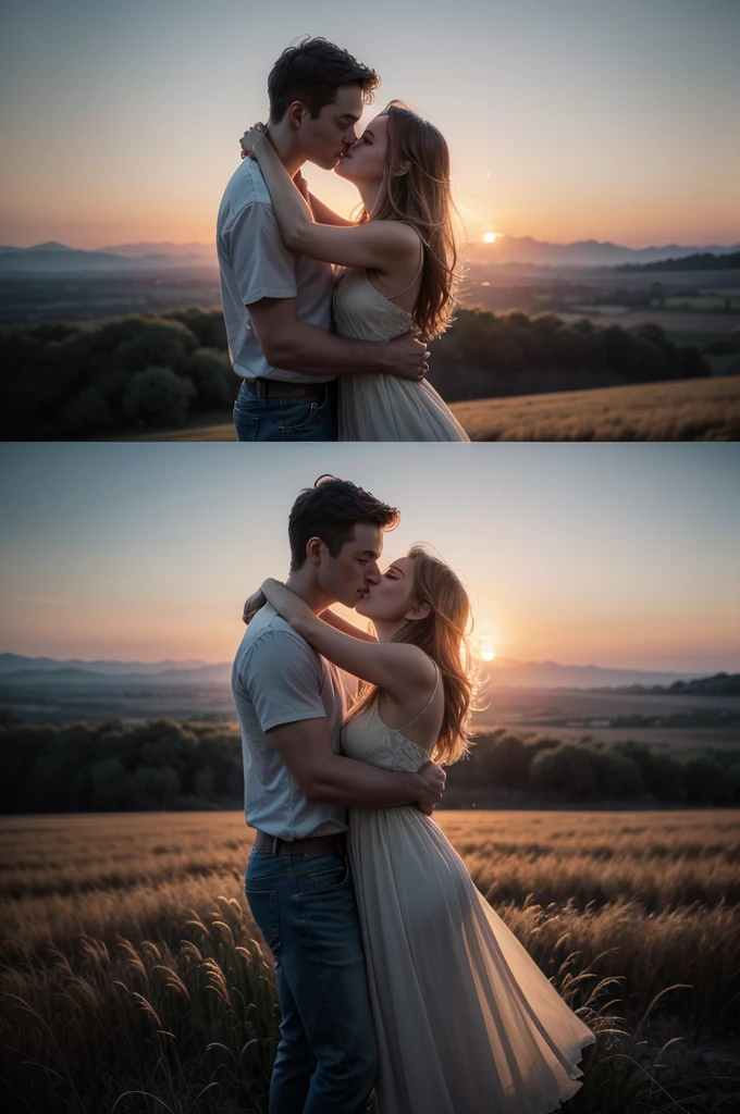 Photograph of a couple kissing, a man holding a woman in his arms in a romantic moment, open field scenery at sunset, romantic moment, 8k, super detailed, super defined, maximum quality 