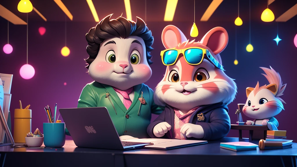 a close up of a tall hamster, looking like a model ,facing the viewer ,
cute face with fat cheeks, dressed in a suit and sunglasses, furry art, looking heckin cool and stylish, , big chungus boss, neon dark room background, sitting at a table with a laptop and a microphone, unsplash, realism, , in a streamer studio room, neon ambiance , looking to camera, portrait shot 8 k, photo portrait, looking towards the camera , ultra detail, high resolution, ultra detailed, best quality, amazing, top quality, extremely detailed CG unity 8k wallpaper, cinematic lighting.
