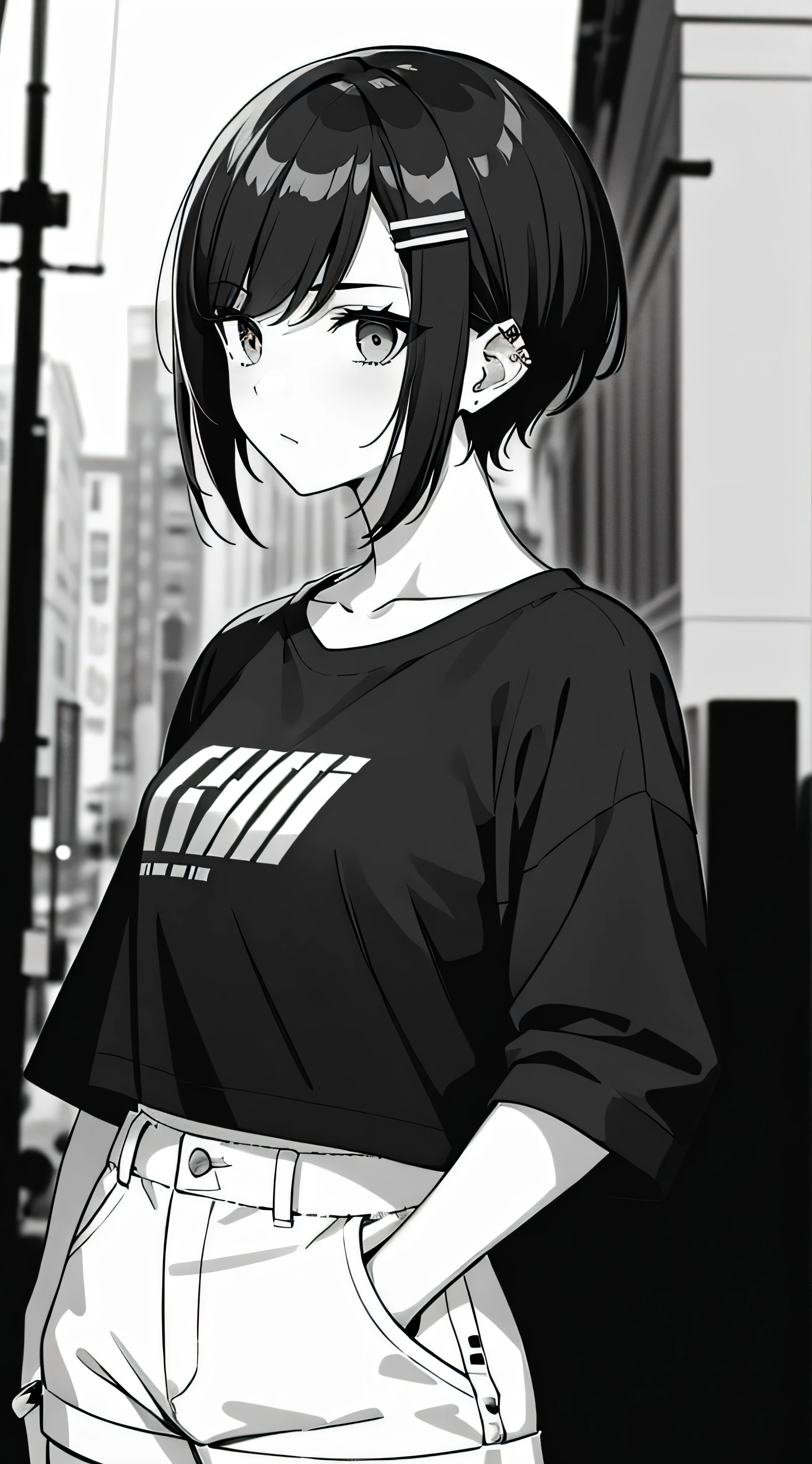 girl, Landscape Portrait, Black and White, Messy short hair, Edgy accessories,Sporty style, Casual T-shirt, A confident gaze, Monochrome color scheme, Look to the side, Chic street fashion, Casual pose with hands in pockets,head,((people)),hairpin