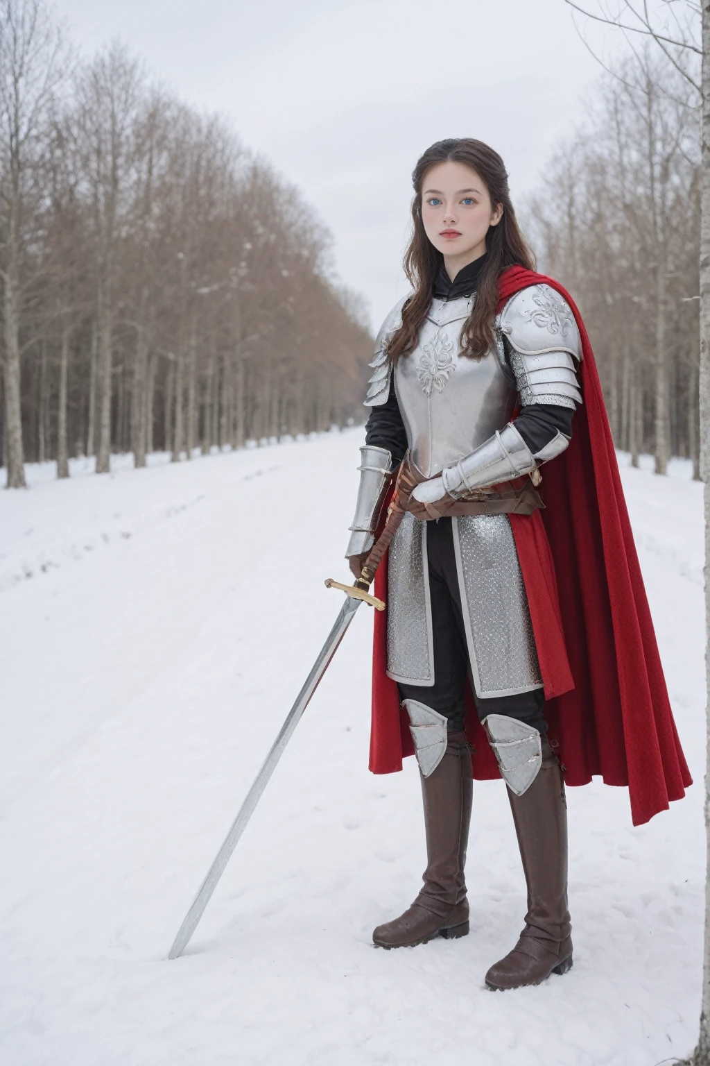 realistic,score_9, score_8_up, score_7_up, 
hyper detailed, ultra detailed, uhd, beautiful girl, perfect anatomy, perfect body, model, stylish pose, wearing full plate body fantastic armor with cape, holding huge crystal sword, snowy medieval road, (random color:1.4),
long hair, various hairstyles,  blue eyes, 
extremely detailed,Dynamic poses