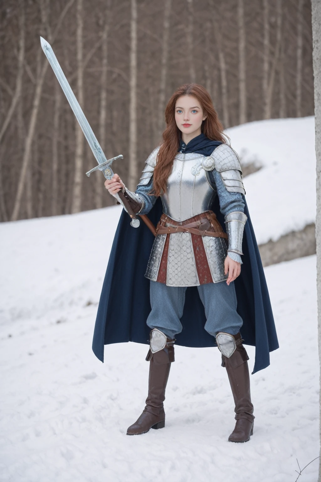 realistic,score_9, score_8_up, score_7_up, 
hyper detailed, ultra detailed, uhd, beautiful girl, perfect anatomy, perfect body, model, stylish pose, wearing full plate body fantastic armor with cape, holding huge crystal sword, snowy medieval road, (random color:1.4),
long hair, various hairstyles,  blue eyes, 
extremely detailed,Dynamic poses