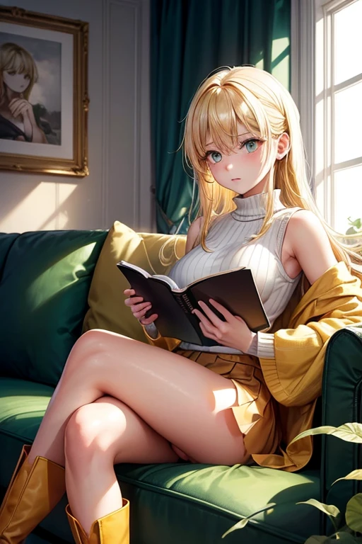 A blonde girl with yellow eyes Blonde hair, smooth and shiny that falls on her shoulders Large and expressive eyes of an intense golden yellow color Delicate and fine features, with fair, smooth skin Yellow outfit Sleeveless sweater of a pale yellow tone, close-fitting Short, flowing yellow miniskirt that shows off her long legs High yellow leather boots that reach to her knees Reading on a sofa Sitting comfortably on a dark brown leather sofa Open book on her lap, absorbed in her reading An expression of concentration and enjoyment on her face Additional details The room has white walls and large windows that let in natural light Some green plants and yellow ceramic pots decorate the space A warm and welcoming atmosphere, perfect for an afternoon of quiet reading The girl seems to be completely immersed in her book, enjoying a moment of relaxation and escape in a comfortable and bright environment. Her bright yellow outfit contrasts with the brown sofa and white walls., creating a harmonious and eye-pleasing color palette.