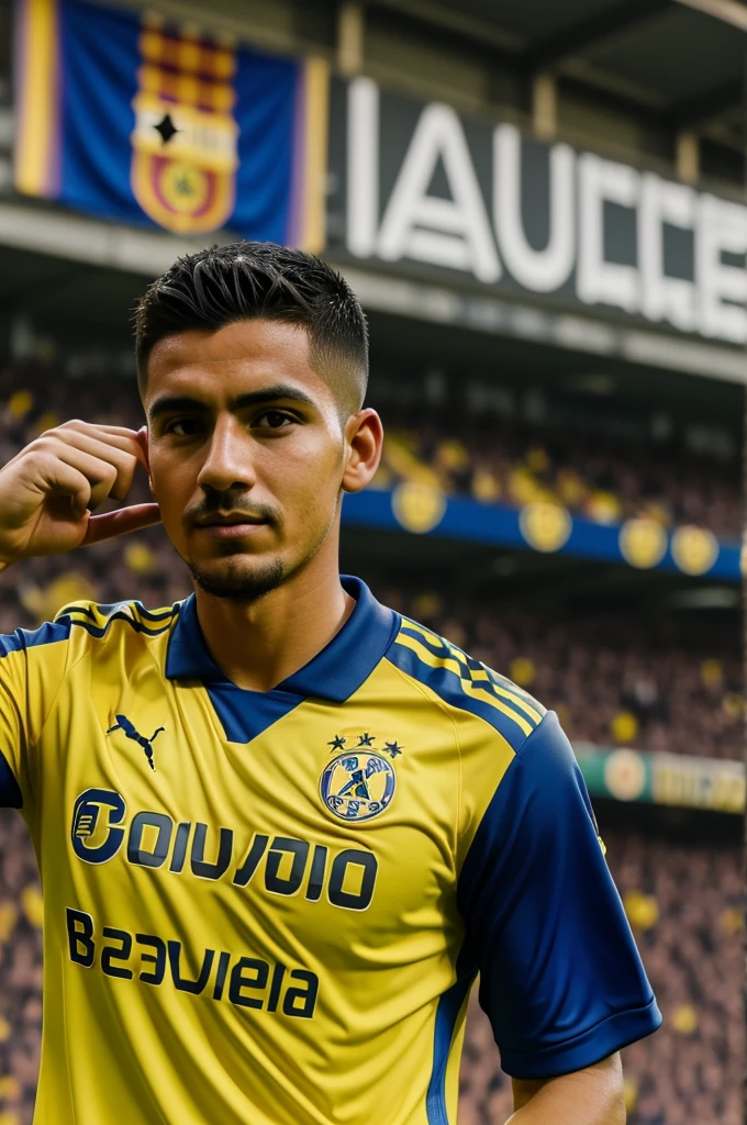 Can you take a photo of me that has the soccer shields of Club America Barcelona and Borusia Dortmund?