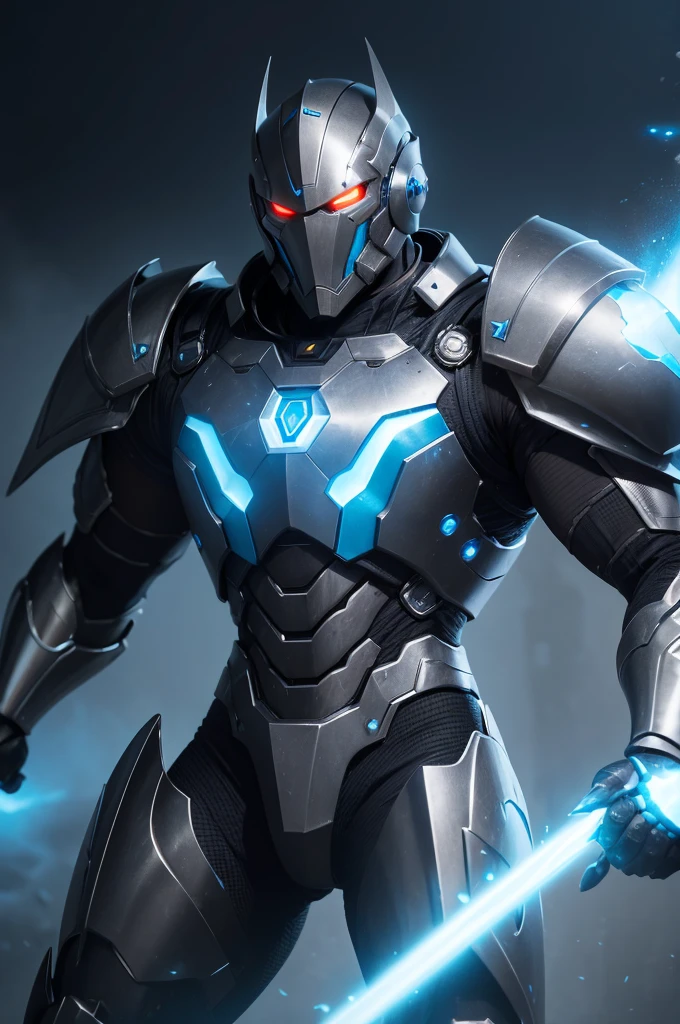 Iron Hero has a robust and metallic appearance, reminiscent of medieval knight armor mixed with futuristic elements. Its main color is metallic gray with cobalt blue details.. He has glowing eyes that change color depending on the situation.