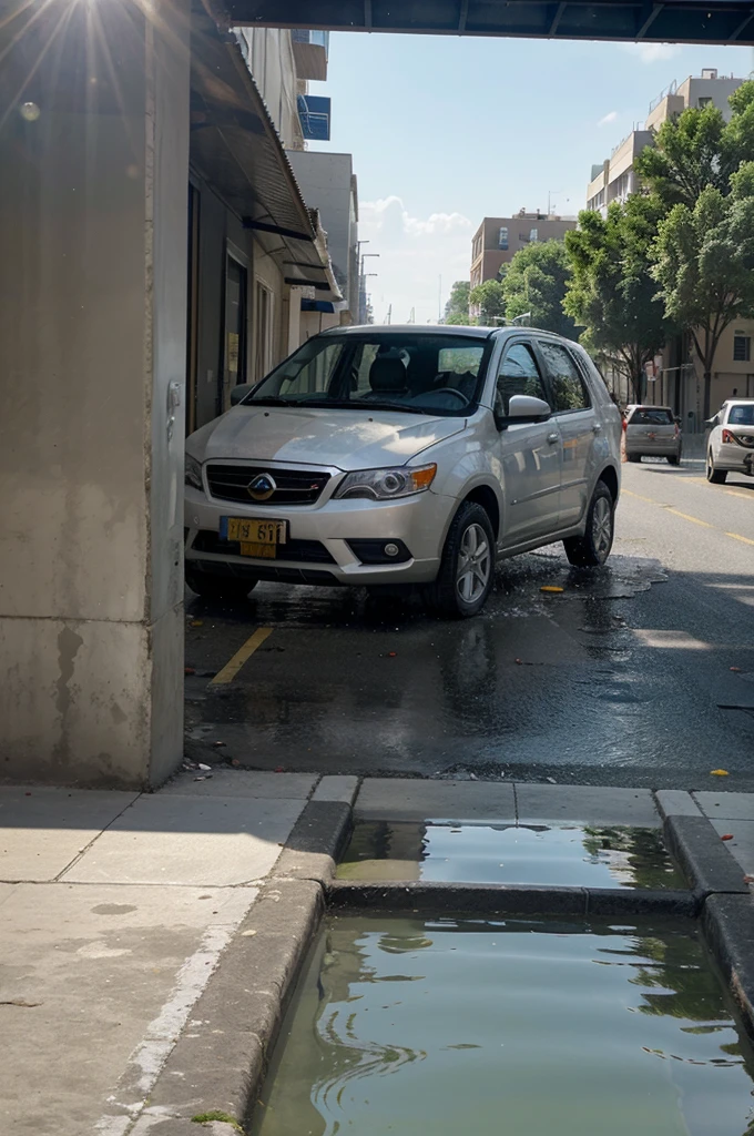 "An extremely hot summer day, with the sun shining brightly in the cloudless blue sky. The setting is a bustling city, where the asphalt seems to almost melt under the intense heat. Pedestrians walk with an expression of discomfort, some wearing hats and holding water bottles, while others desperately seek shade. Cars pass by with air conditioning on, and building windows are closed to keep the interior cool. In a nearby park, water sources are points of relief, with children playing in the water and adults splashing their faces to cool off. Street thermometers display scorching temperatures, and the air is rippling due to the extreme heat. The atmosphere is stuffy and oppressive, reflecting the challenges of dealing with an extreme heat day."