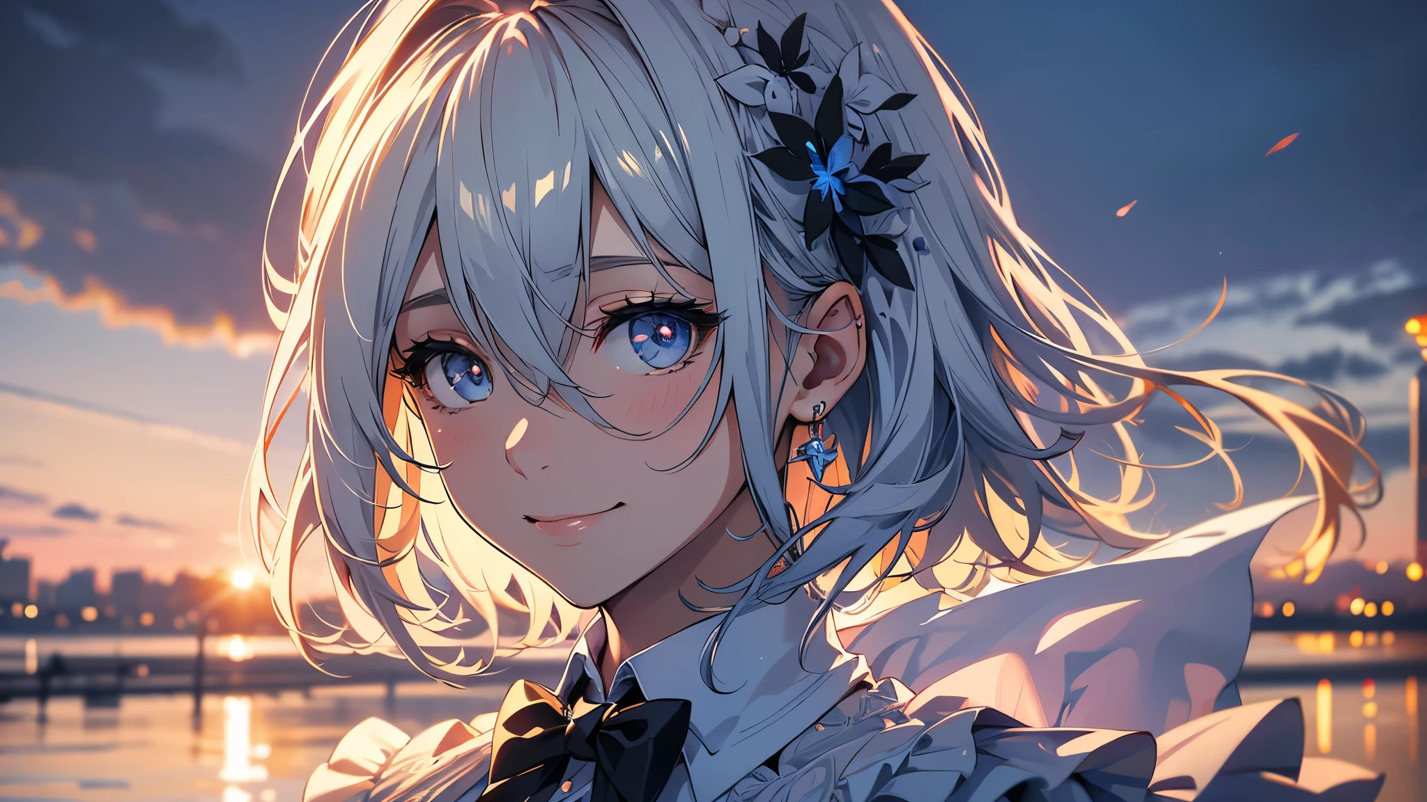 (8K, RAW photo, Best quality, Masterpiece:1.2), (Realistic, photo-realistic:1.37), Ultra-detailed,
1 girl,Cute, Solo,Beautiful detailed sky,Detailed Cafe,Night,Sitting,dated,(nose blush),(Smile:1.1),(Closed mouth),Large breasts, Seductive smile, Large apartment, Professional lighting, Sony A7R4, Zessie 50mm F1.8,,Cross your arms behind your head:1.5,Moles under eyes:1.2,(tmasterpiece)、(Photorealsitic:1.3)、ultra - detailed、(high detal)The skin:1.2)、(top-quality:1.0)、(超A high resolution:1.0)、
Medium breasts,Beautiful detailed eyes,(White sexy dress:1.1), neck bowtie,Pleated skirt,(Short hair:1.2),Floating hair