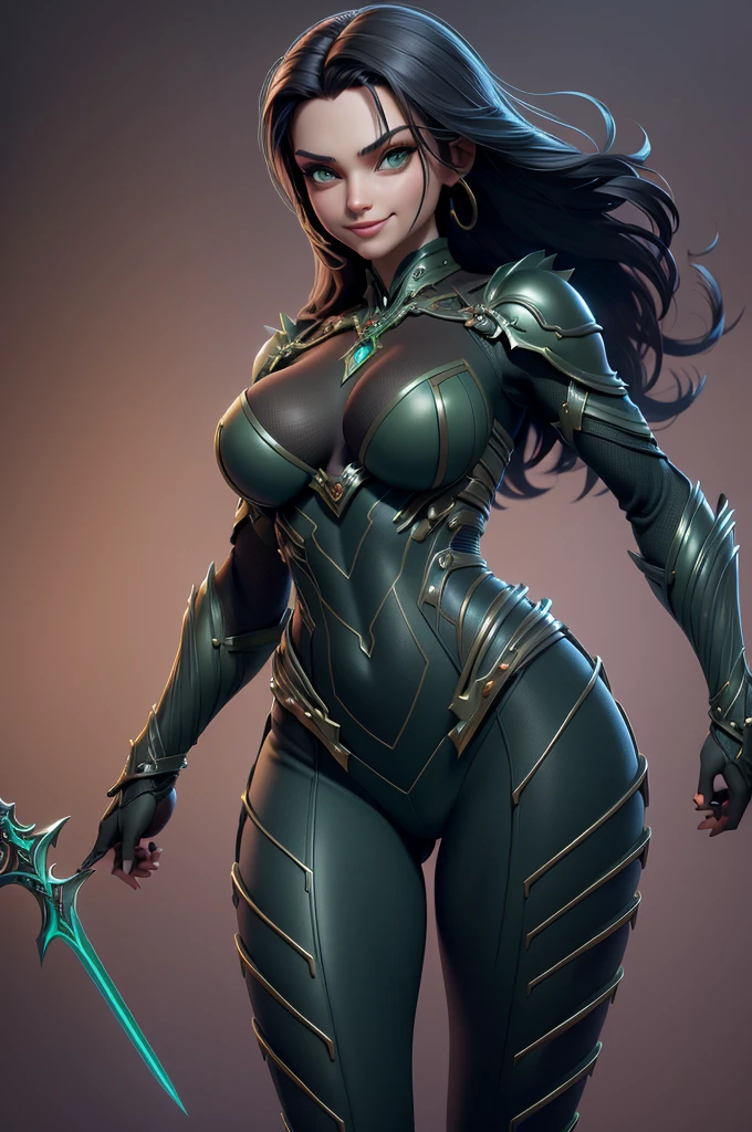 gorgeous  woman, warrioress, with futuristic sword wrapped in dark structure, green leds, Beautiful girl, Waist slender, imponent pose, Grinning,sexly, extreme extravagant necklines