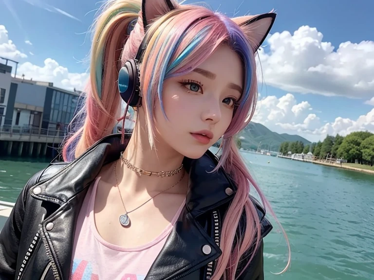 Flowers、Rainbow Hair、Headphones、Cat ear、Seven-colored hair、leather jacket，Lakeside and sky background、Young face、Huge 、ponytail、first round、necklace、jewelry、Tank top、whole body、between legs