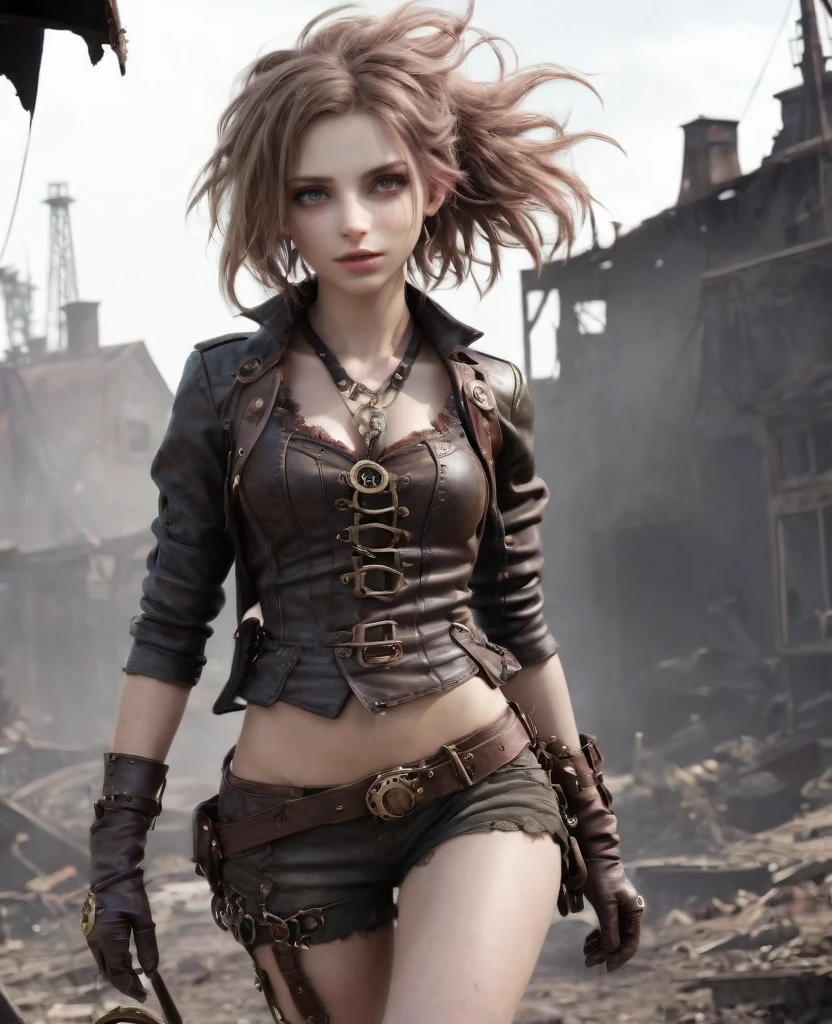 (((high resolution))), (((extremely detailed))), ((masterpiece)), dramatic shadows, depth of field, analog photo style, (world in which are collide steampunk and postapocalyptic vibes), postapocalyptic cute female in steampunk torn dirty clothes, looks like Aerith Gainsborough, depth of field, full body shot, unzoomed, (perfect body: 1.4), (sidecut short hairstyle), (stalking is quite common, although not the best way to make a living), looks interested, stylized atmosphere of unreality, dark aesthetic, dynamic pose, in motion, Armageddon, increase cinematic lighting, highly lifelike skin texture, parted lips, weary eyes, fine eyes, whitened skin, random hair colour, doomsday aura,