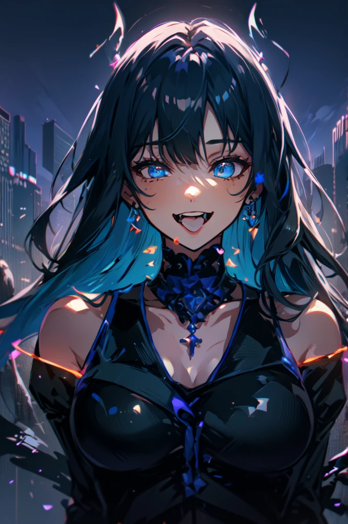 Beautiful hands, Beautiful dresasterpiece, (best quality:1.2), intricate details, ado, 1girl, multicolored hair, long hair, collared shirt, jacket, bangs, long sleeves, blue flower, (mature female:1.2), Ado, (dark blue hair, light blue inner), extra long hair, straight hair, blue eyes, slanted eyes, white inner shirt, (long black jacket, long black pants),  (masterpiece, best quality:1.2), intricate details, ado, 1girl, multicolored hair, long hair, collared shirt, bangs, long sleeves, blue flower, (mature female:1.2), Stars and comets pass by in the open sky, Beautiful Clouds, A tree with glowing fireflies and butterflies々, (Ultra-realistic), {Highly detailed CG unit 8k wallpaper}, Vast landscape photography, (View from below with a panoramic view of the sky, vast open field vision), (Low angle shot), (Light: 1.5), (warm Light source: 1.2), Intricate details, (Rainbow colors: 1.2), (bright Lighting), (atimospheric Lighting), dream-like, Magic, fairy tale