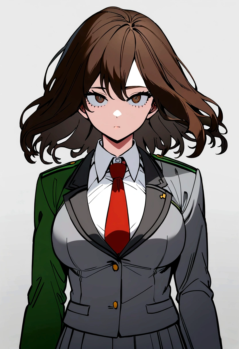 My hero academia style girl with medium long brown broken hair, with a silver lock on the left side,medium large eyes, with a flirtatious and challenging look, Brown eyes , UA uniform gray jacket with green details, white shirt red tie and gray skirt with green details, view from front 