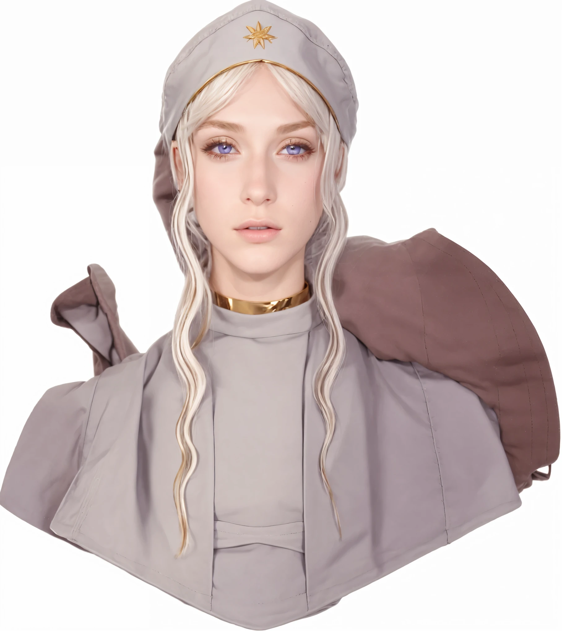 Girl, silver-gold hair, purple eyes, European, septa cap