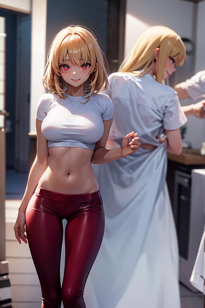 name zoe. 20 year old ager, beautiful angelic face. Red eyes. White skin color. height 1,70, retail physical, large and firm breasts, Short blonde hair. Clothes, T-shirt at the height of the abdomen.. tight red pants. body detail, view from behind, back view, sexy drandes buttocks, with a smile