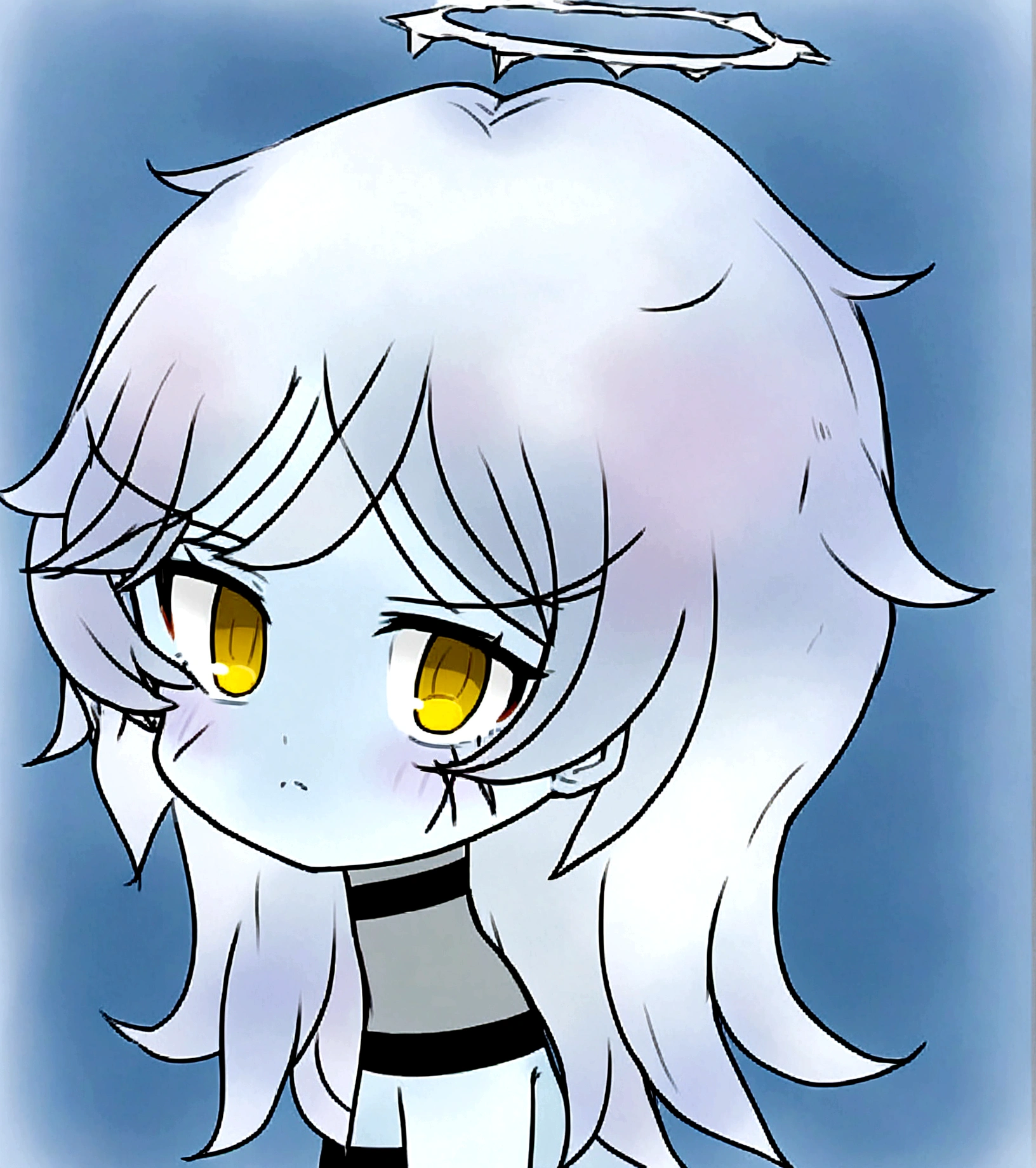 anime angel face, light blue skin, one beautiful yellow eye with a broken halo and white wavy hair with bangs parted in the middle