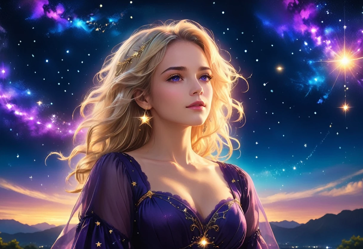 a portrait of an astrologer looking to the sky at libra constellation in the night sky, an extraordinary beautiful woman, there is magic in her eyes divining the future from the Libra constellation, blond hair, dynamic hair style, wearing an intricate dark purple dress decorated with glowing stars, she looks to the night sky seeing the ((Libra constellation in the sky: 1.5)), vibrant, Ultra-high resolution, High Contrast, (masterpiece:1.5), highest quality, Best aesthetics), best details, best quality, highres, 16k, [ultra detailed], masterpiece, best quality, (extremely detailed), Cinematic Hollywood Film, magical sky, FireMagicAI, dark novel