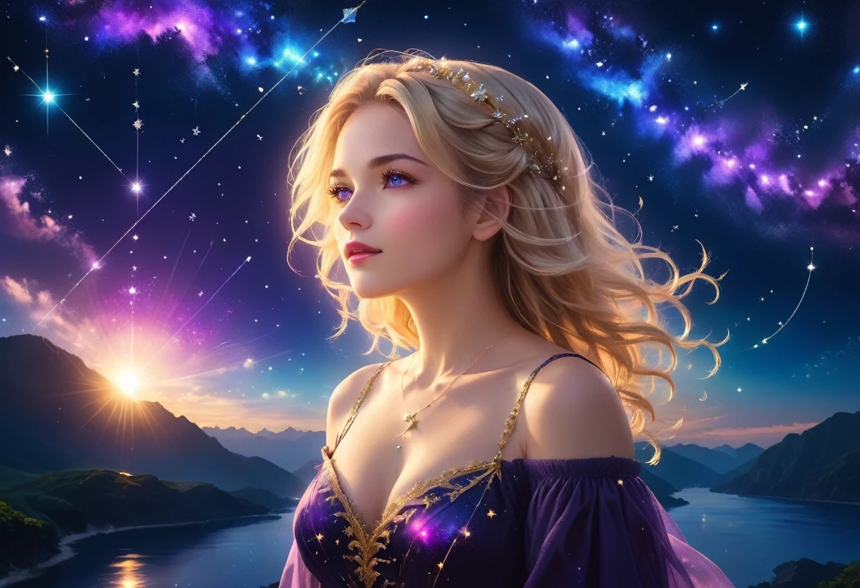 a portrait of an astrologer looking to the sky at libra constellation in the night sky, an extraordinary beautiful woman, there is magic in her eyes divining the future from the Libra constellation, blond hair, dynamic hair style, wearing an intricate dark purple dress decorated with glowing stars, she looks to the night sky seeing the ((Libra constellation in the sky: 1.5)), vibrant, Ultra-high resolution, High Contrast, (masterpiece:1.5), highest quality, Best aesthetics), best details, best quality, highres, 16k, [ultra detailed], masterpiece, best quality, (extremely detailed), Cinematic Hollywood Film, magical sky, FireMagicAI, dark novel