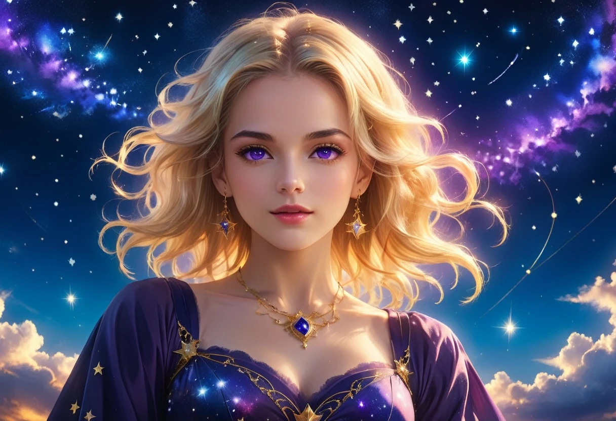 a portrait of an astrologer looking to the sky at libra constellation in the night sky, an extraordinary beautiful woman, there is magic in her eyes divining the future from the Libra constellation, blond hair, dynamic hair style, wearing an intricate dark purple dress decorated with glowing stars, she looks to the night sky seeing the ((Libra constellation in the sky: 1.5)), vibrant, Ultra-high resolution, High Contrast, (masterpiece:1.5), highest quality, Best aesthetics), best details, best quality, highres, 16k, [ultra detailed], masterpiece, best quality, (extremely detailed), Cinematic Hollywood Film, magical sky, FireMagicAI, dark novel