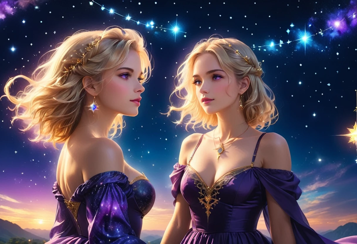 a portrait of an astrologer looking to the sky at libra constellation in the night sky, an extraordinary beautiful woman, there is magic in her eyes divining the future from the Libra constellation, blond hair, dynamic hair style, wearing an intricate dark purple dress decorated with glowing stars, she looks to the night sky seeing the ((Libra constellation in the sky: 1.5)), vibrant, Ultra-high resolution, High Contrast, (masterpiece:1.5), highest quality, Best aesthetics), best details, best quality, highres, 16k, [ultra detailed], masterpiece, best quality, (extremely detailed), Cinematic Hollywood Film, magical sky, FireMagicAI, dark novel