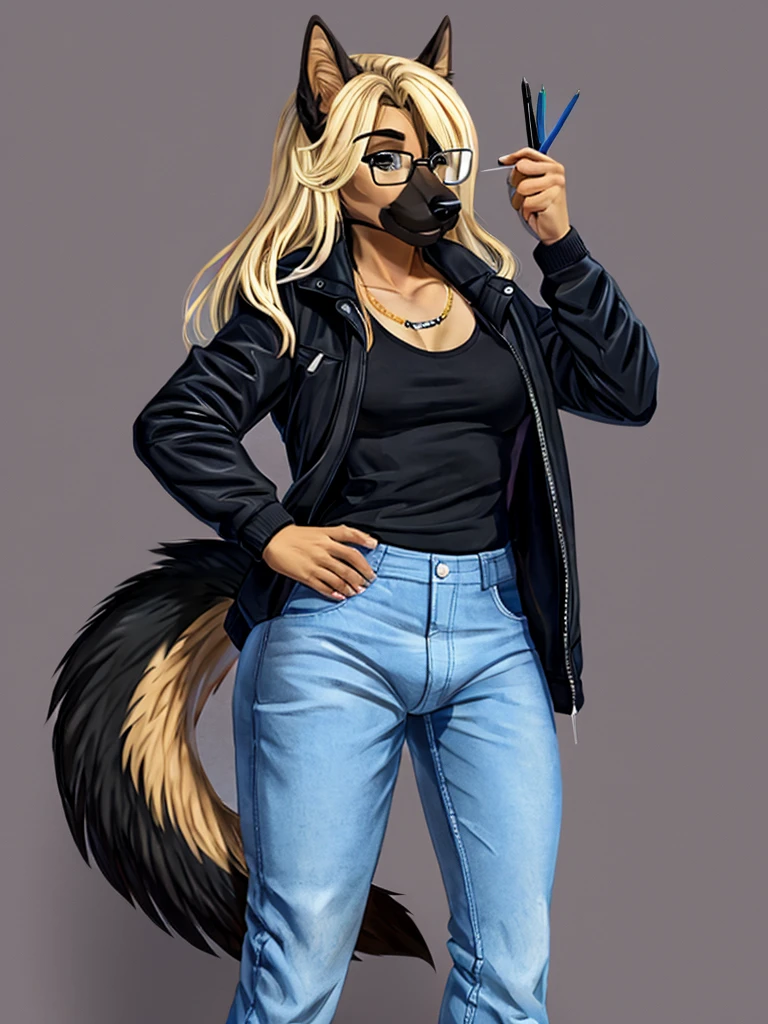 furry, furysona, draw, german shepherd, glasses black, girl, pants black jean, jacket black, hair blonde long style, single, background, woman chest, bulge, height 7'10, trans girl