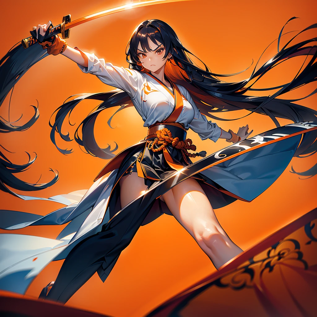 Dynamic configuration、((Perspective Lens, Woman with long hair,  Dynamic poses with serious and mean expressions, Swinging something large with both hands, Long Japanese sword )) ((Pure Orange Background:1.2)),Anime Style、Fine grain、Perfectly toned body、she&#39;Early 20s,Shooting on the move,Her long braided hair sways. Her outfit is reminiscent of a butterfly,Black and yellow color palette,Playful.,Neon color line fractal art、