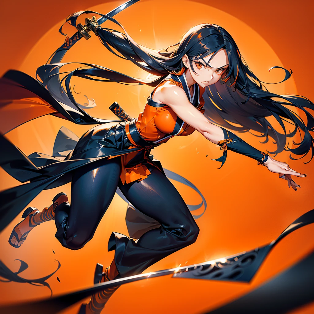 Dynamic configuration、((Perspective Lens, Woman with long hair, Dynamic poses with serious and mean expressions, Swinging something large with both hands, Long Japanese sword )) ((Pure Orange Background:1.2)),Anime Style、Fine grain、Perfectly toned body、she'Early 20s,Shooting on the move,Her long braided hair sways. Her outfit is reminiscent of a butterfly,Black and yellow color palette,Playful.,Neon color line fractal art、