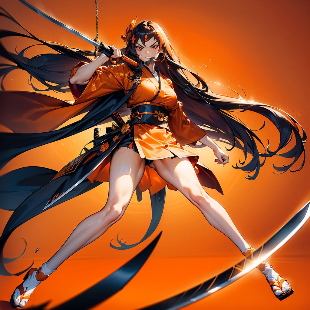 Dynamic configuration、((Perspective Lens, Woman with long hair,  Dynamic poses with serious and mean expressions, Swinging something large with both hands, Long Japanese sword )) ((Pure Orange Background:1.2)),Anime Style、Fine grain、Perfectly toned body、she&#39;Early 20s,Shooting on the move,Her long braided hair sways. Her outfit is reminiscent of a butterfly,Black and yellow color palette,Playful.,Neon color line fractal art、