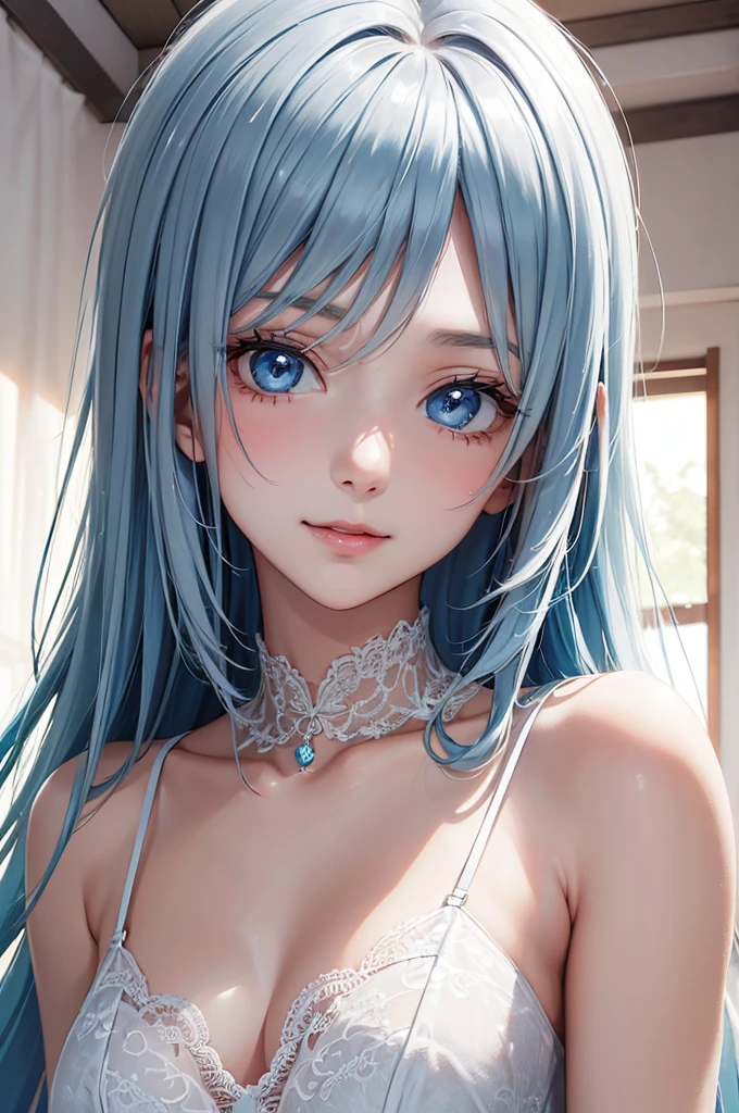 Best Quality,High resolution,8K,finelity detailed background,Masterpiece:1.2),beautiful girl,Shiny light blue hair,asymmetrical hair,Light blue eyes,Gentle look,A refreshing look,Best quality,Best Quality,Aesthetic and aesthetic:1.2,Best details((Super detailed))(High-definition CG illustrations),Grey underwear (gray,intricate lace),Slender body,morning,morning日,Bedroom,On the bed,smile,blush,cute,Scrounge,Looking up,Being spoiled,super model,wariza,shoot from below